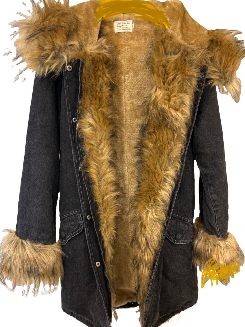 Denim by ASA Women’s Black Hooded Parka Coat Taupe Faux Fur Trim Size M - Picture 2 of 15